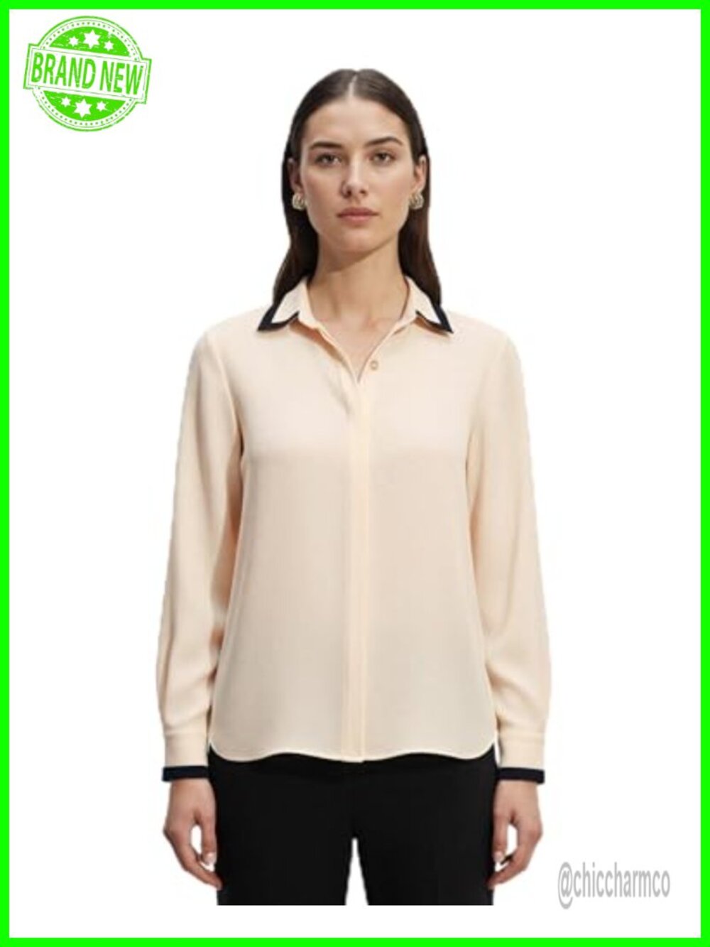 Long Sleeve Button Down Blouse Contrast Tipping Collared Work Top